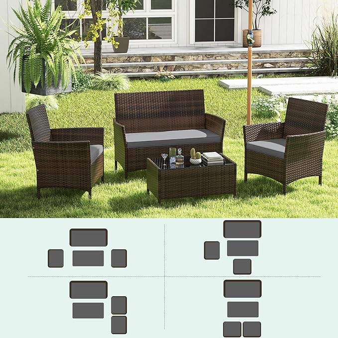 RELAX4LIFE 8-Piece Patio Furniture Set - Rattan Outdoor Conversation Bistro Set w/Cushions, Glass Coffee Table, Wicker Chairs & Loveseat for Garden Backyard Porch, Balcony Furniture Set (2, Grey)