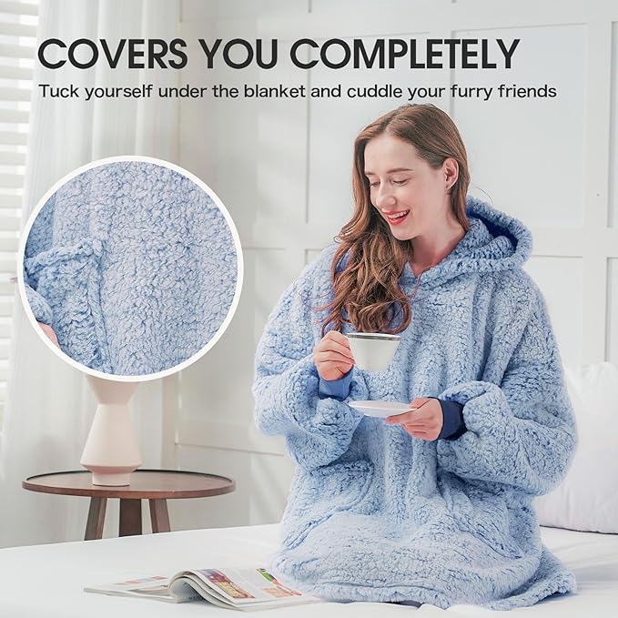yescool Wearable Blanket Hoodie, Flannel Sherpa Fleece Blanket Sweatshirt for Adults Women Men,One Size Fits All