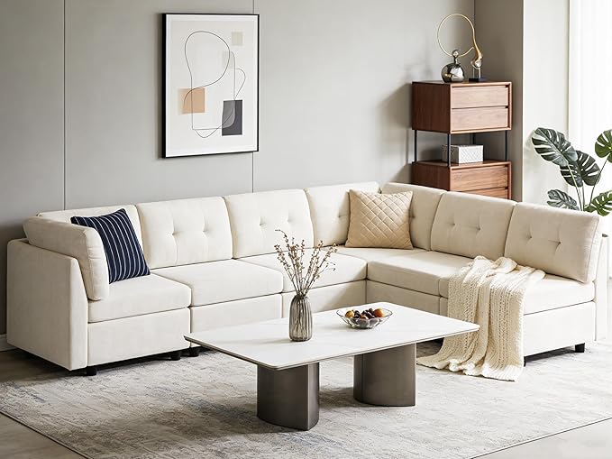 VANOMi 6 Seater Sectional Couches for Living Room, 118" Convertible Modular Cloud Sofa, Comfy Chenille Sofas & Couches for Living Room, Apartment, Office, White, L/U Shaped