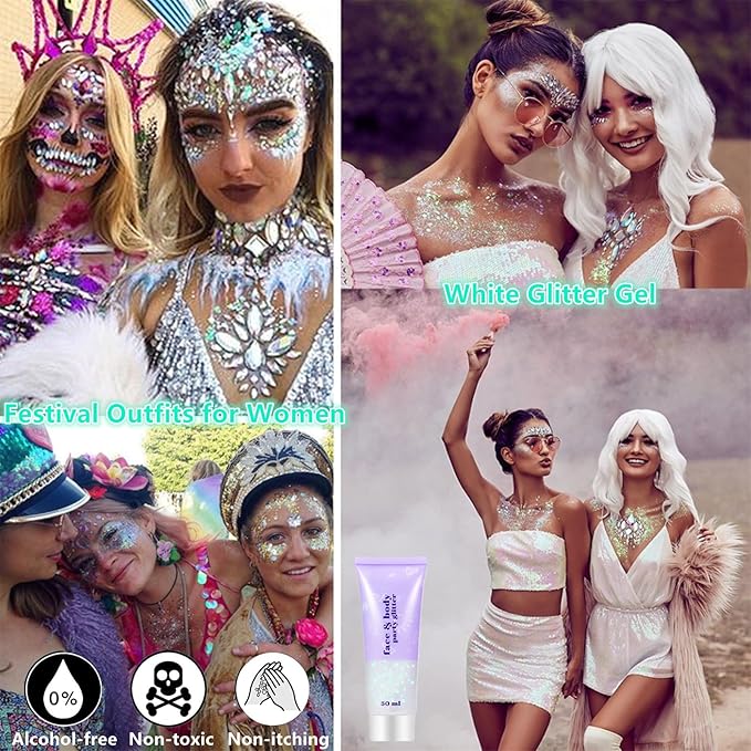 Go Ho Red and White Body Glitter Set,Singer Concerts Face Glitter Gel Makeup,Holographic Long Lasting Chunky Sequins Glitters for Eye Lip Hair Nails,Festival Rave Accessories,Red&White