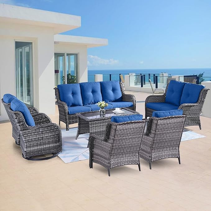 Belord Outdoor Wicker Furniture Patio Set - 7 Piece Backyard Furniture Grey Rattan Conversation Sets with Swivel Rocker Chairs, Rattan Sofa, Club Chairs and Coffee Table, Blue Cushion