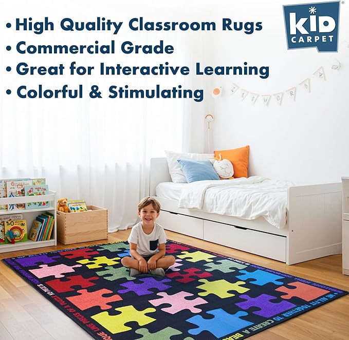 KIDCARPET.COM Pieces of The Puzzle Classroom Seating Rug 7'6" x 12' Rectangle, Educational Classroom Rug, Kids Learning Play Mat | Area Rug for Bedroom or Playroom