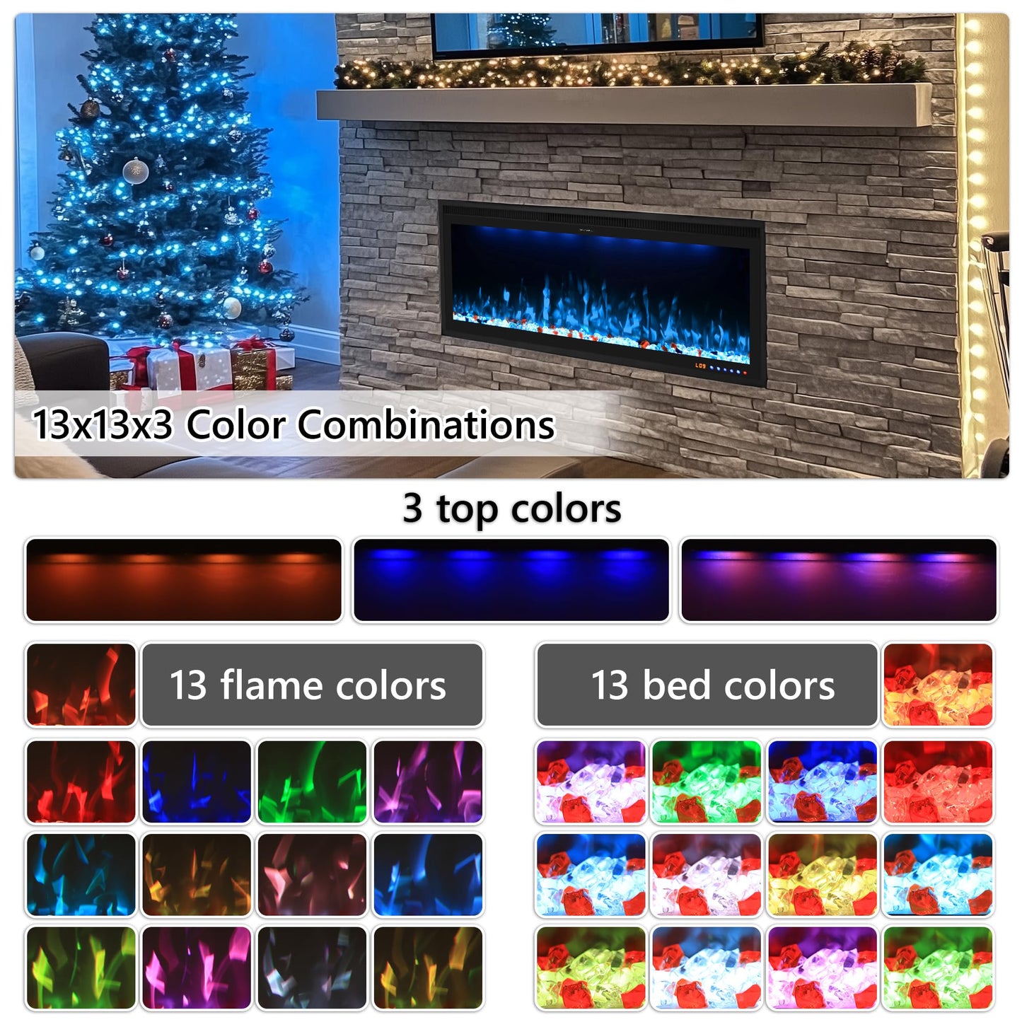 Valuxhome 74” Electric Fireplace Wall Mounted and Recessed, Ultra-Thin Fireplace Insert Indoor, Adjustable Flame and Light, Crysral & Log, 507 Color Combinations, App, Touchscreen and Remote Control