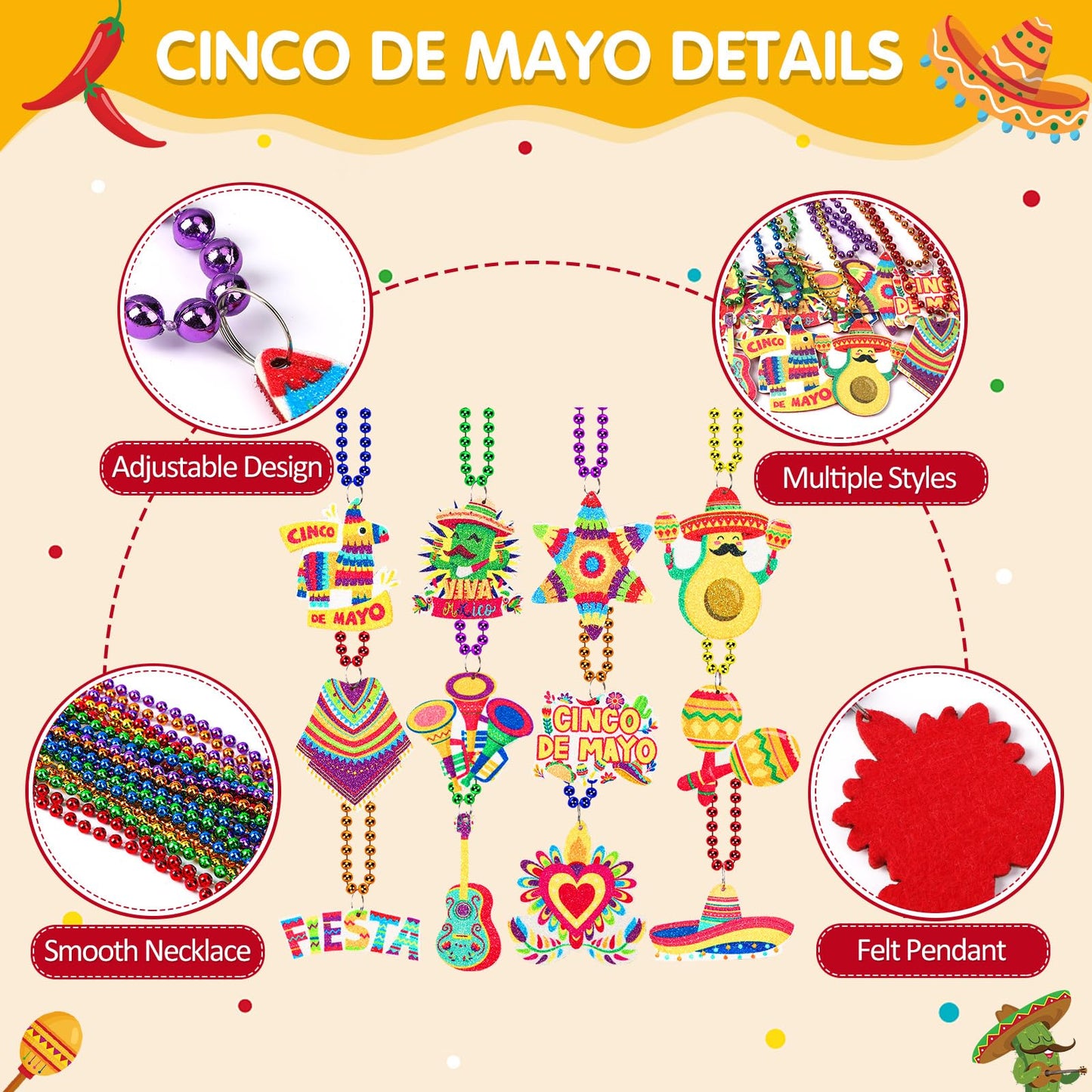 NOVWANG 24 Pcs Mexican Necklaces 12 Styles Cinco de Mayo Necklaces Multi Colors Fiesta Necklaces for Mexican Birthday Party Favors Supplies