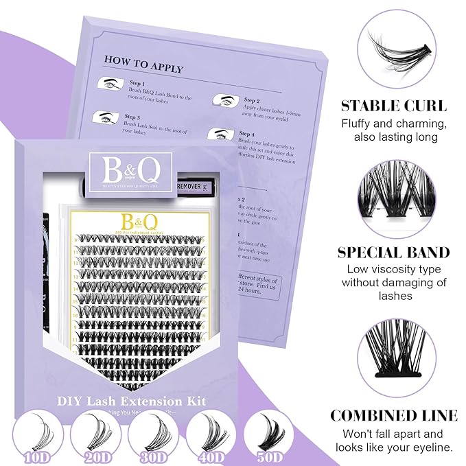 B&Q Lash Clusters Kit 280PCS Eyelash Clusters Kit,30D 50D C 9-16MIX Individual Lash Comfortable Eyelash Extension Set, Classic Look with Bond and Seal Waterproof, Remover DIY at Home(Set,30D+50D-C)
