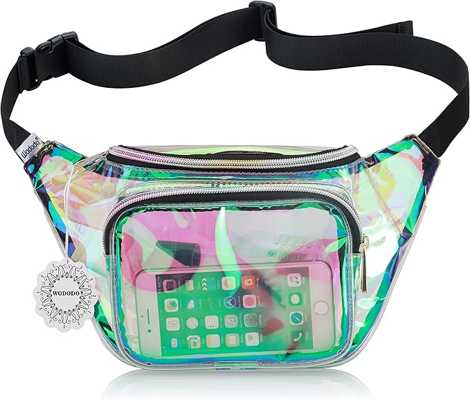Shiny Neon Fanny Bag for Women Rave Festival Hologram Bum Travel Waist Pack (Clear Iridescent)