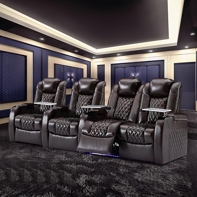 Weilianda Home Theater Seating Top Grain Leather Zero Gravity Recliner Chair Power Headrest Recline Movie Seat Gaming 7 Colors Mood Light Sofa with Tray Table USB Charge Row of 4 Loveseat Right Brown