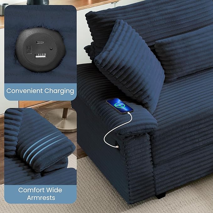 SUNWAVE 74" W Double Chaise Lounge Chair Indoor, Oversized Loveseat with Storage Ottoman, Corduroy Couch with USB Charging, Removable Ottoman, and Coffee Table Cushions for Living Room, Apartment