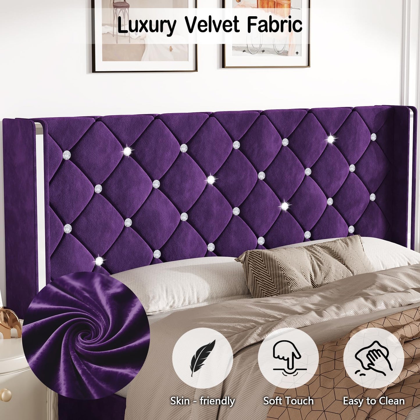 HOMBCK Twin Bed Frames, Upholstered Platform Bed with Diamond Tufted Headboard, Modern Velvet Bed Frame with Wingback Design, No Box Spring Needed, Easy Assembly, Purple