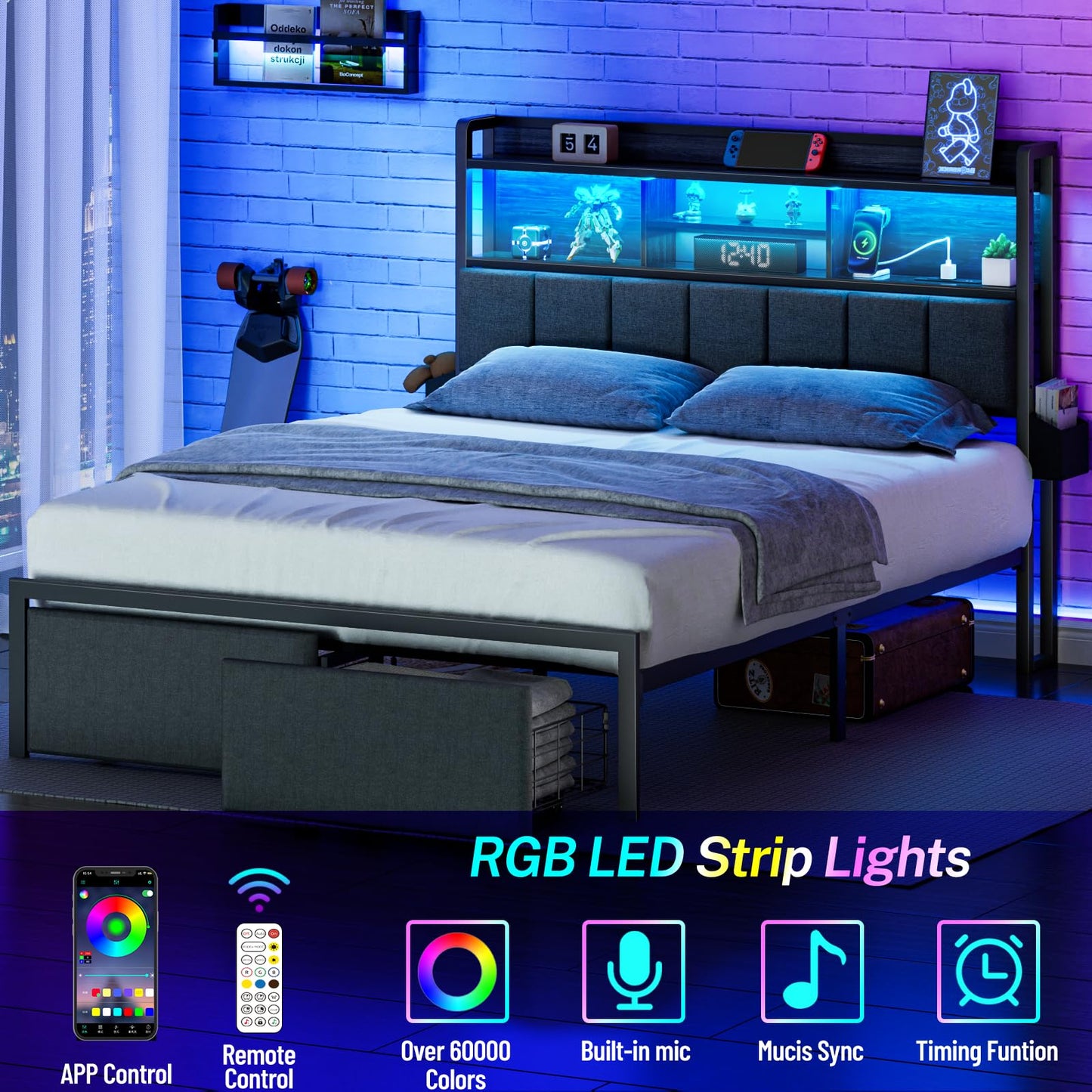 Furnulem Full Size Bed Frame with Headboard, Bed Frame Full Size with Storage Drawers, Charging Station and LED Lights, Metal Platform No Box Spring Needed, Upholstered Headboard, Noise Free, Black