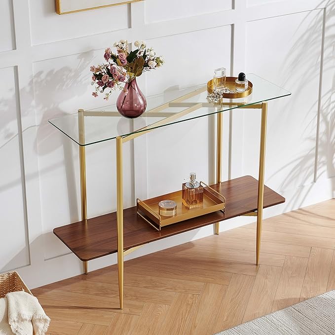 Pine Flicker Rectangle Glass Console Table, Mid-Century Modern Design, L41*W14*H32 inch, for Living Room, Clear Glass Top and Walnut Finish Wood Shelf, Conical Metal Legs with Gold Finish