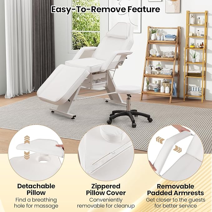 Giantex 72" Massage Bed with Hydraulic Stool, 3-Section Tattoo Chair with Adjustable Backrest, Legrest & Storage Boxes, Facial Chair for Professional Massage Lash Beauty Treatment Spa (White)