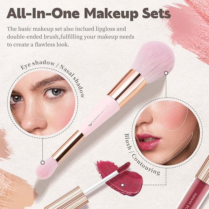 Color Nymph Face Makeup Kit, Make up Set For Teen Girls | Vegan & Cruelty Free | Includes Lipglosses Liquid Blush Highlighter Contour Stick & Brush | Makeup Gift Set Design - Basic Edition