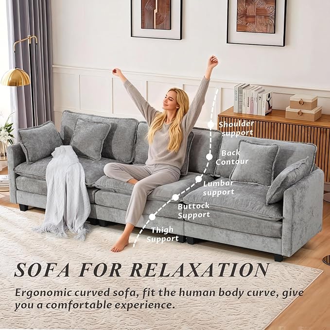 SoarFlash 113.78" Chenille Sectional Sofa, Comfy Modular Loveseat Sofa, Modern 3-Seat Couch Deep Seat Sofa Set for Living Room,Grey