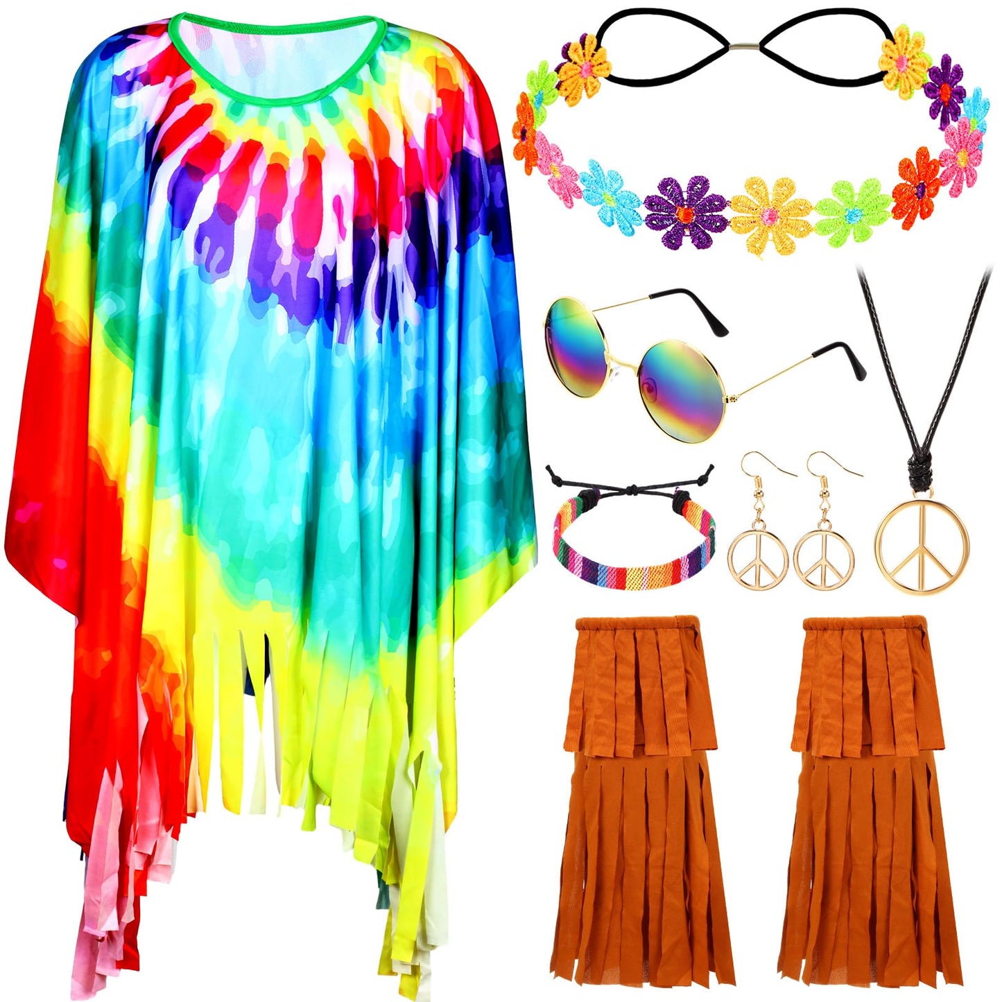 Hicarer 7 Pcs 60s 70s Hippie Costume Accessories Set Women Tie Dye Poncho Tassel Fringe Boot Covers Headband Bracelet Sunglasses Peace Sign Earring Necklace Outfits for Halloween (Hicarer-CKJO013)