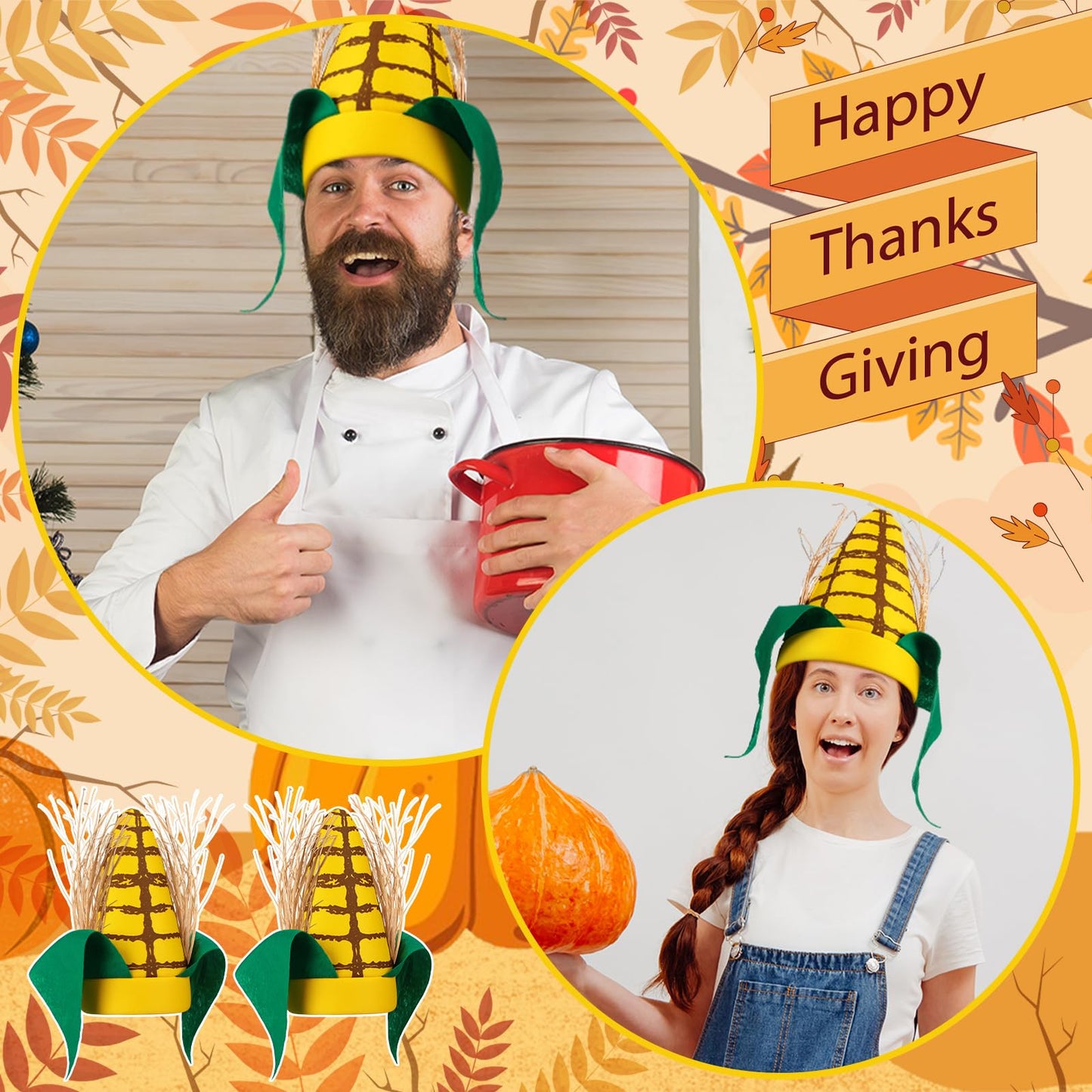 Berlune 4 Pcs Funny Corn Hats Corn Cob Hat for Thanksgiving Cosplay Party Accessories