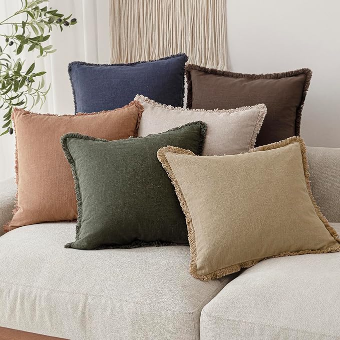 Foindtower Set of 2 Decorative Linen Fringe Throw Pillow Covers Farmhouse Cushion Cover with Tassels Soft Accent Pillowcase for Couch Chair Sofa Bed Living Room Home Decor,18×18 Inch,Light Khaki Taupe