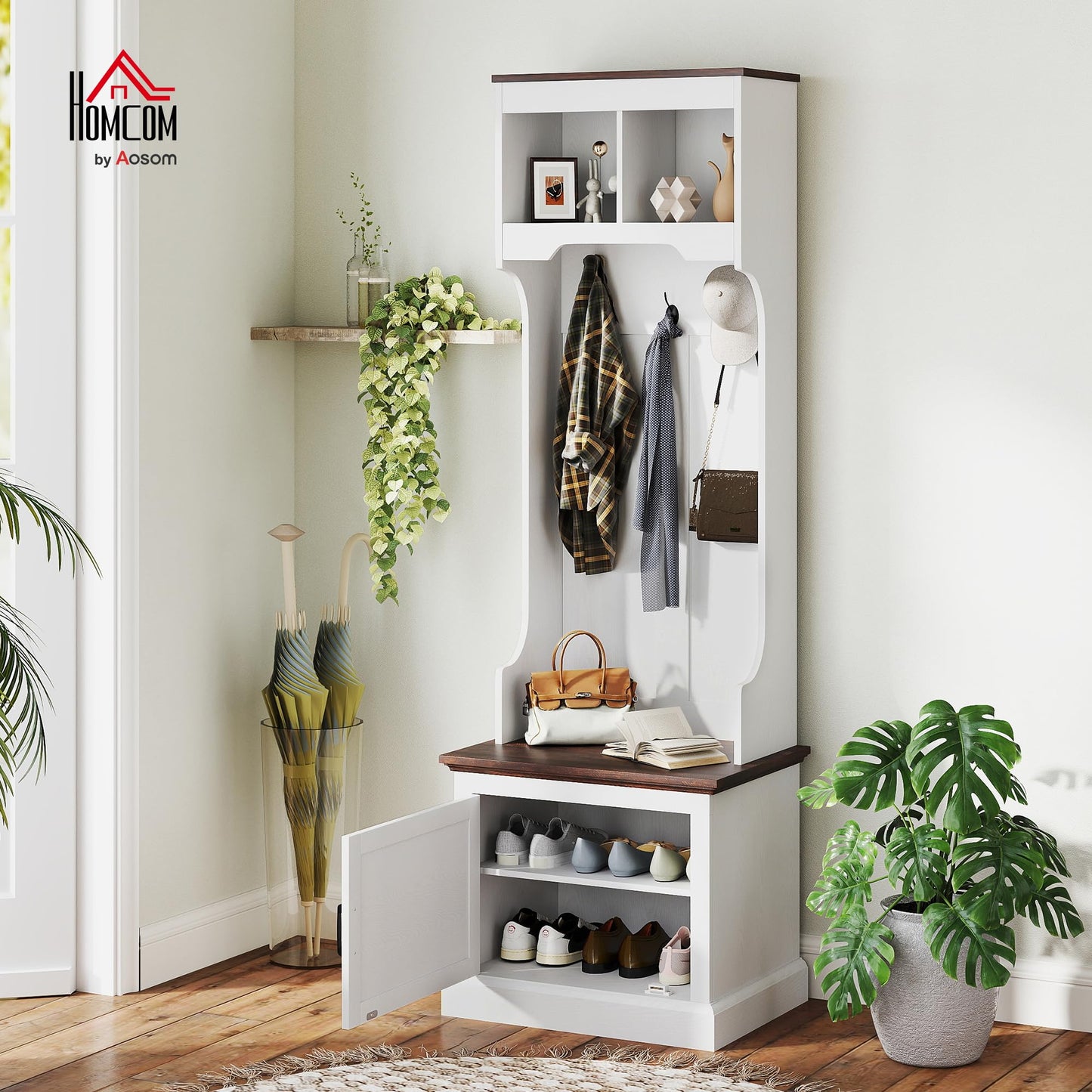 HOMCOM 3-in-1 Hall Tree with Shoe Storage, Standing Coat Rack with Shoe Bench, Entryway Furniture with Three Hooks, White Wood Grain