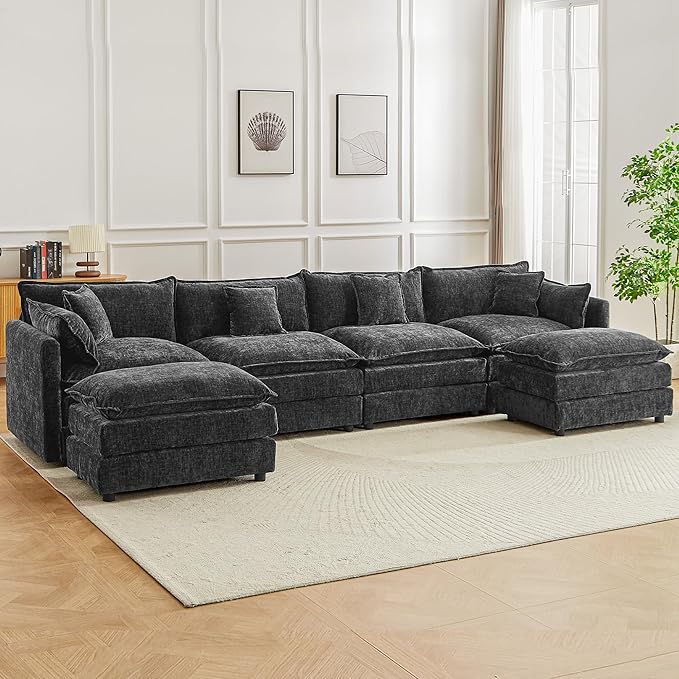 saows Modular Sectional Sofa, 147.2 Inch U Shaped Couch Set with Armrests, 4-Seater Comfy Cloud Couches with Movable Ottoman for Living Room Apartment, Grey