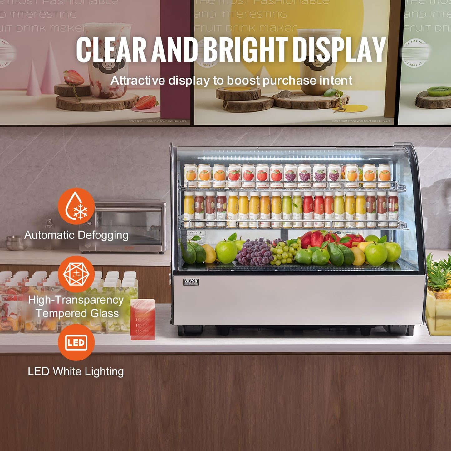 VEVOR Refrigerated Display Case, 5 Cu.Ft./146L Countertop Pastry Display Case, 2-Tier Commercial Display Refrigerator with LED Lighting, TURBO Cooling, Frost-Free Air-Cooling, for Bakery