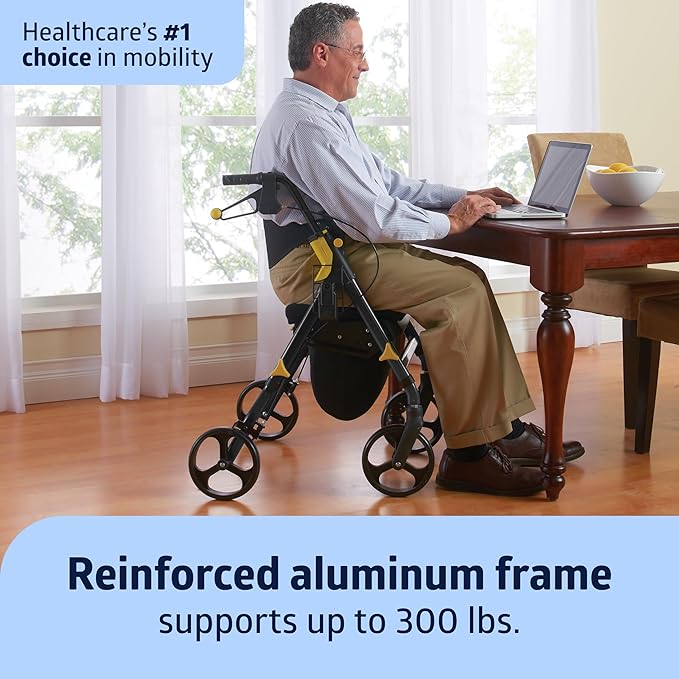 Medline Premium Empower Folding Mobility Rollator Walker with Memory Foam Seat, Black, 300 lb. Weight Capacity, 8” Wheels, Cupholder,Rolling Walker for Mobility Impairment, Adjustable Handles