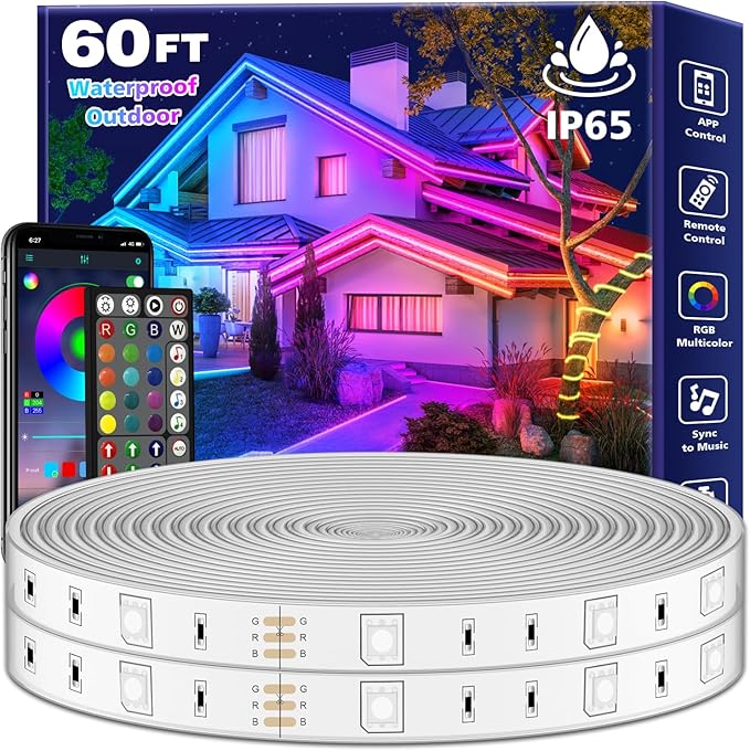 FBZ 60Ft Outdoor Waterproof LED Strip Lights,Music Sync RGB IP65 Led Lights with App Control and Remote,Color Changing Wat...