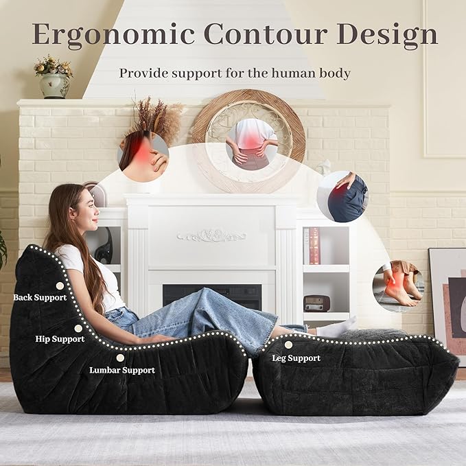 HABUTWAY Bean Bag Ottoman,Foot Rest,Fireside Chair Memory Foam Lazy Bean Bag Sofa for Living Room,Bedroom,Dorm,Office (Ottoman-Black)