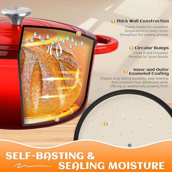 Enameled Cast Iron Dutch Oven Pot with Lid, Incl. Sourdough Bread Baking Supplies Like Banneton Bread Proofing Basket, Starter Jar, Bread Lame, 5QT Dutch Oven for Bread Baking, Oven Safe up to 500°F