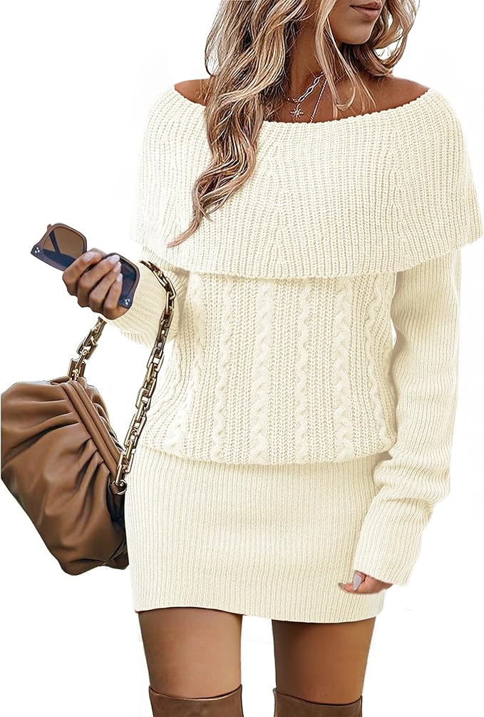 Bebonnie Women's Long Sleeve Cowl Neck Chunky Cable Knit Sexy Bodycon Mini Sweater Short Dress