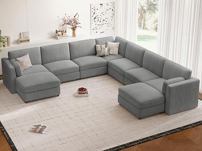 CUGOAO 159'' Modular Sectional Sofa,9-Seater Oversized U-Shaped Sectional Couch with Ottoman, Deep Seat Chenille Cloud Couch, Mordern Upholstered Couches for Living Room, Apartment, Office, Grey