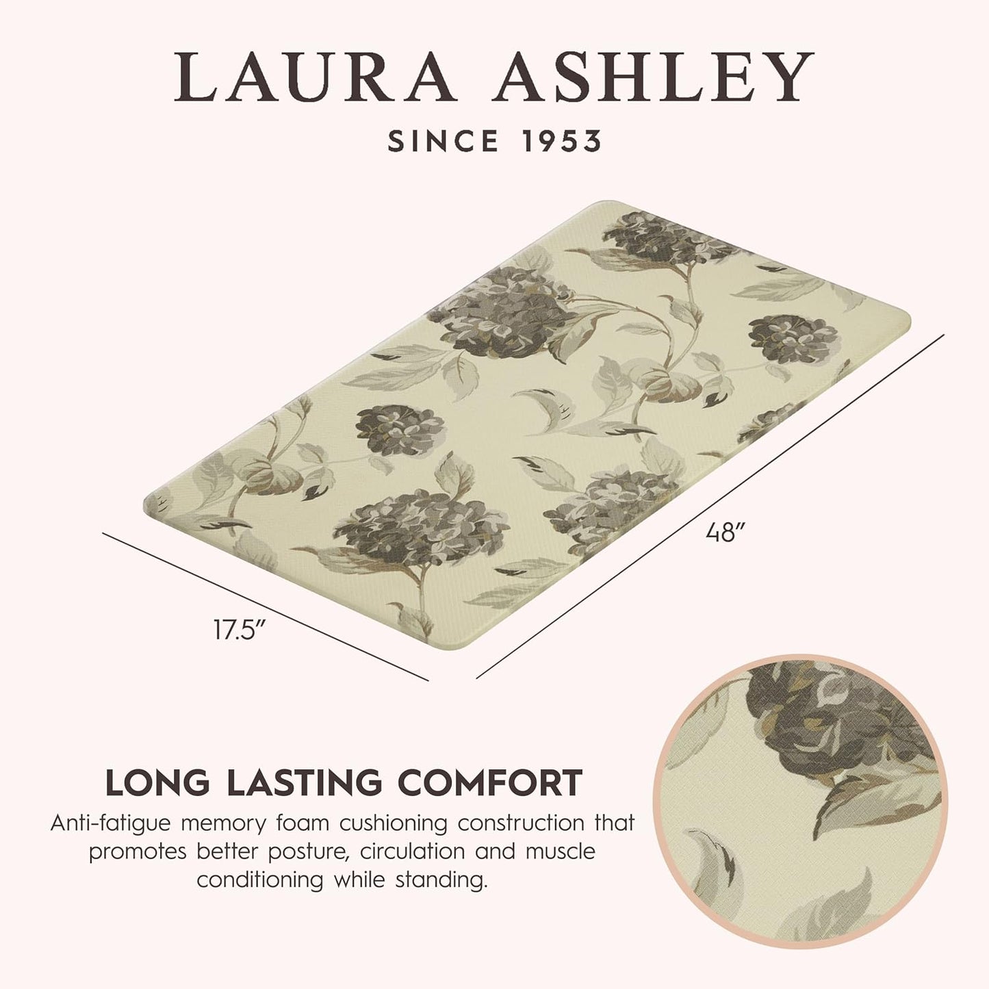 Laura Ashley – Anti-Fatigue Kitchen Mat Set| Hydrangea Floral Design | Stain, Water & Fade Resistant | Cooking & Standing Relief | Non-Slip Backing | Measures 17.5” x 48" and 17.5" x 28"| Grey