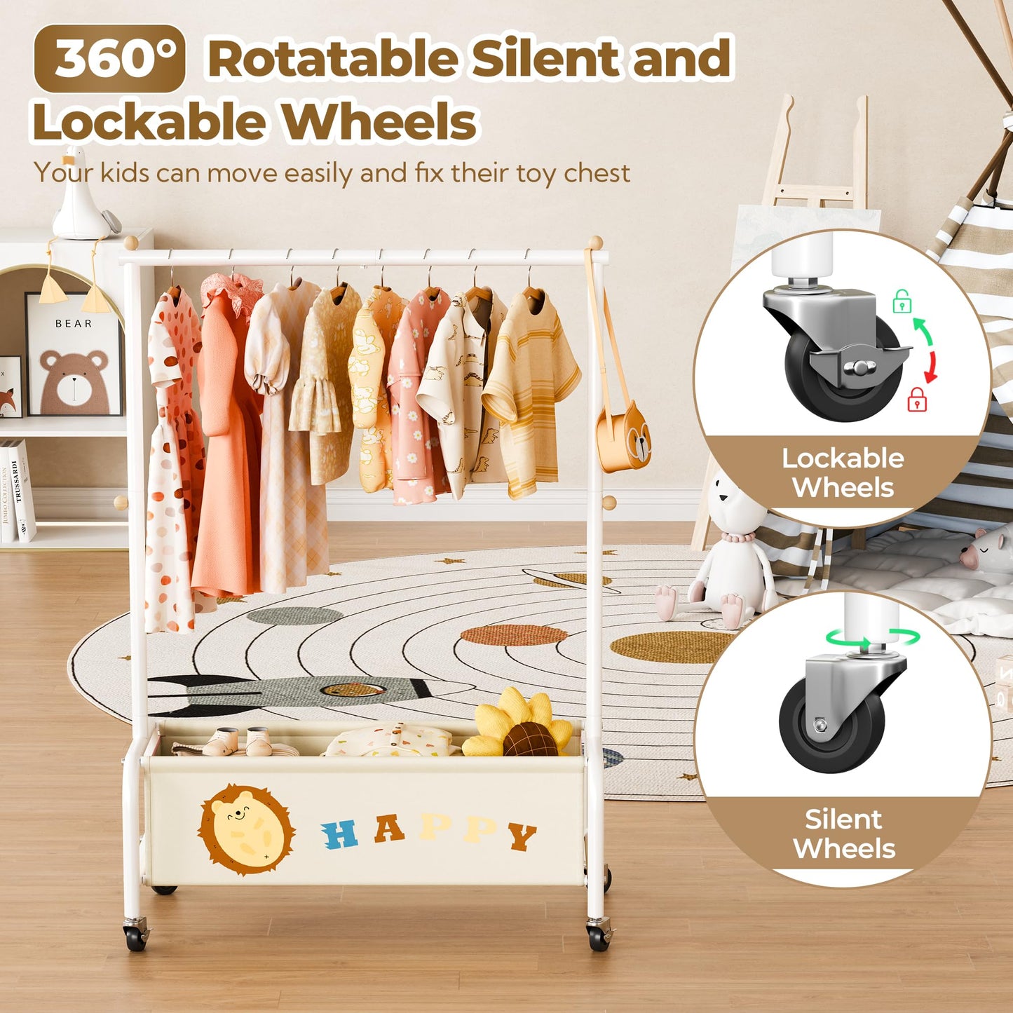 GRANNY SAYS Kids Clothing Rack with Basket, Baby Closet Dress Up Storage, Kids Closet Wardrobe, Short Baby Clothes Rack, Toddler Garment Rack for Coats, Dress Up Costumes, Princess Dresses, Beige