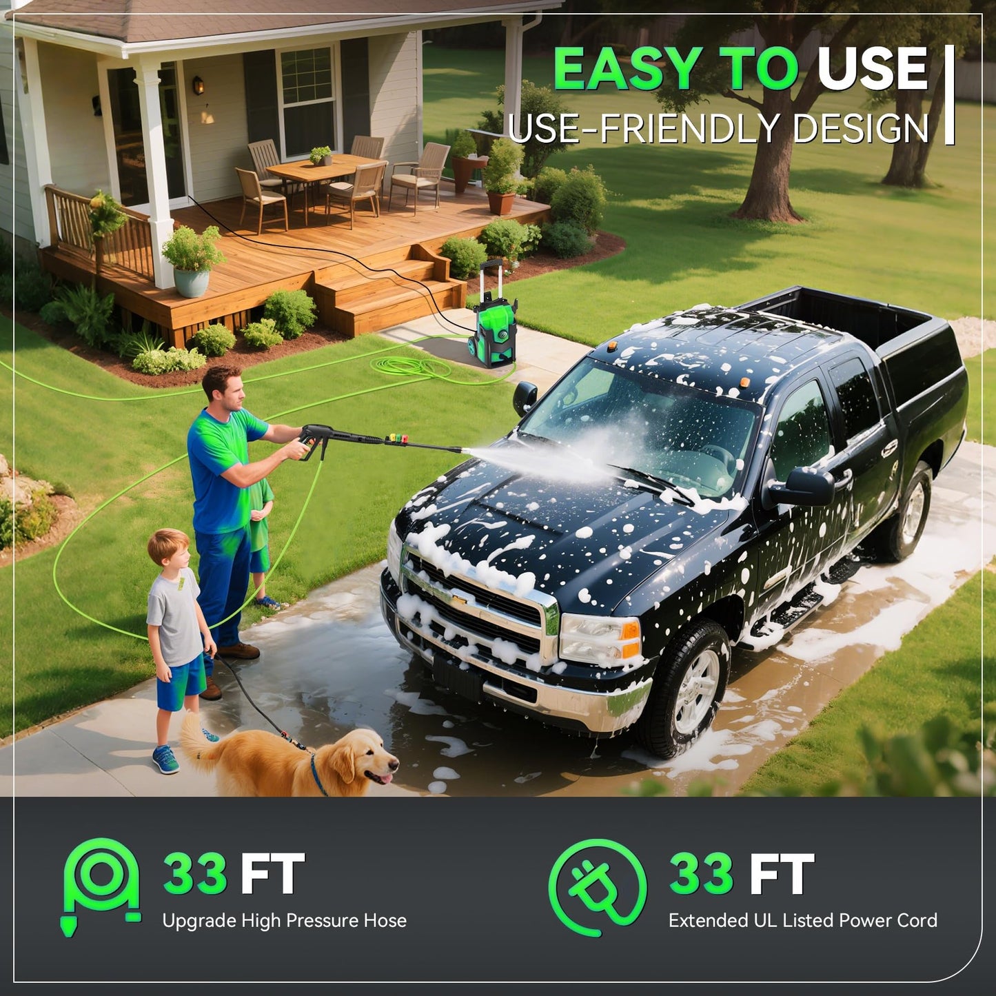 Electric Pressure Washer, 5000 PSI 4.0 GPM Heavy Duty Power Washer, with 4 Nozzles,Foam Cannon,33FT Hose Reel and 500ml Soap Bottle for Home/Cars(Light Green)