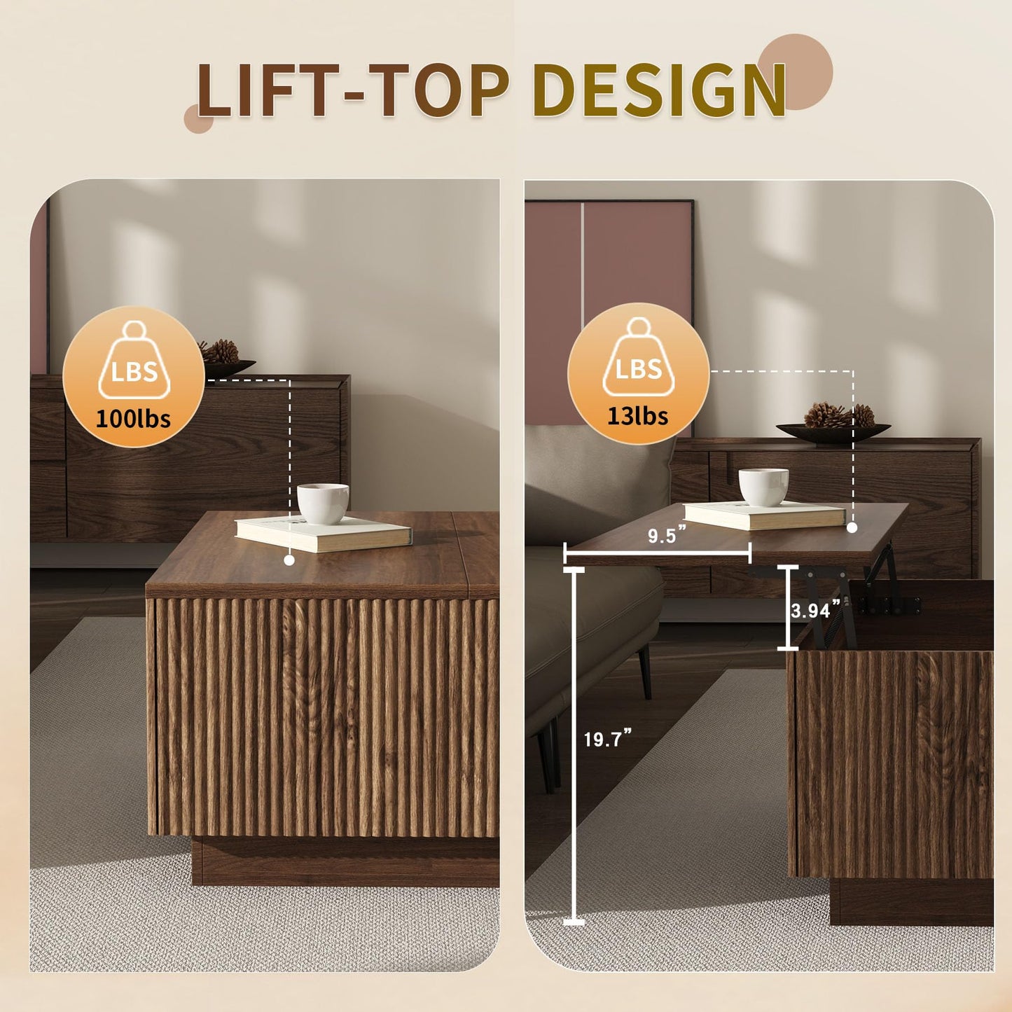 Epecoya 31" Lift Top Coffee Table with Hidden Storage & Farmhouse Fluted Design, Square Wooden Lift-Top Table for Living Room, Apartment, Small Spaces, Brown Walnut