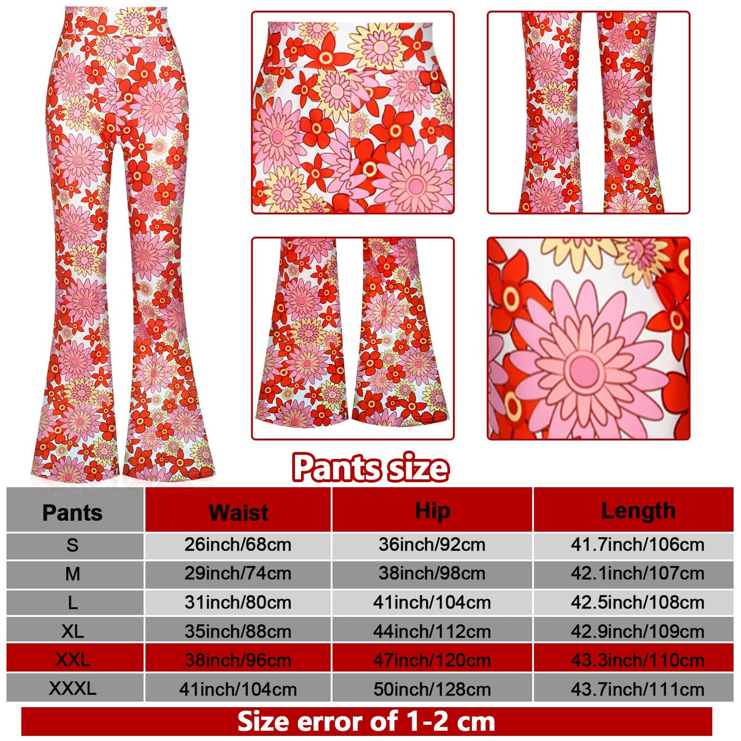Tisancy 3 Pcs 60s 70s Outfit for Women Hippie Costume Set Disco Flared Pants Groovy Outfit Party Accessories(M Size, Flower)