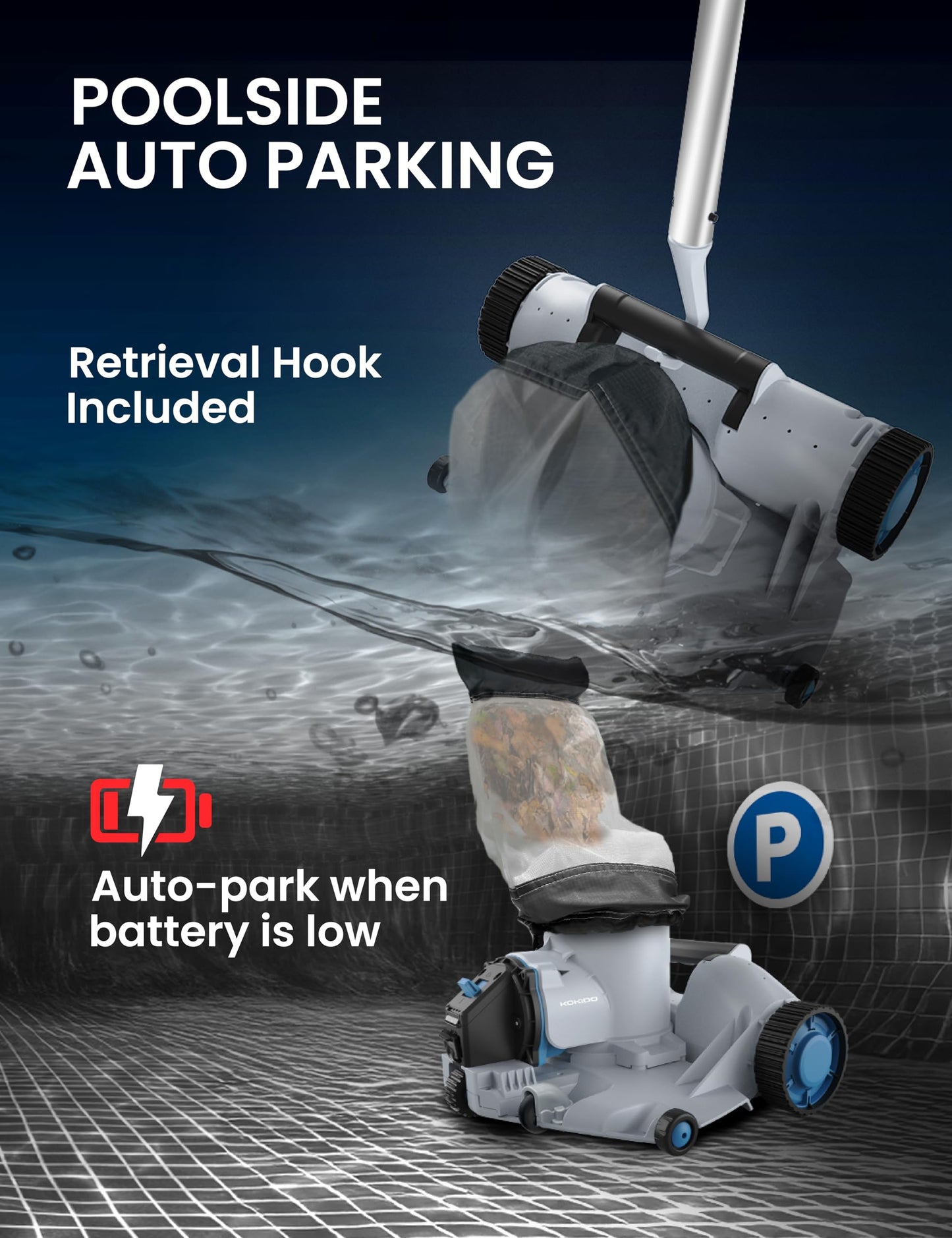 Automatic Leaf Robotic Pool Vacuum Cleaner Heavy‑Duty Pool Opening Heavy Debris 360° Ultra‑Wide Suction Inlet, 1.85‑Gal X-Large Bag, 62 GPM Flow, 90‑Min, AutoPark - Ideal for Inground Aboveground Pool
