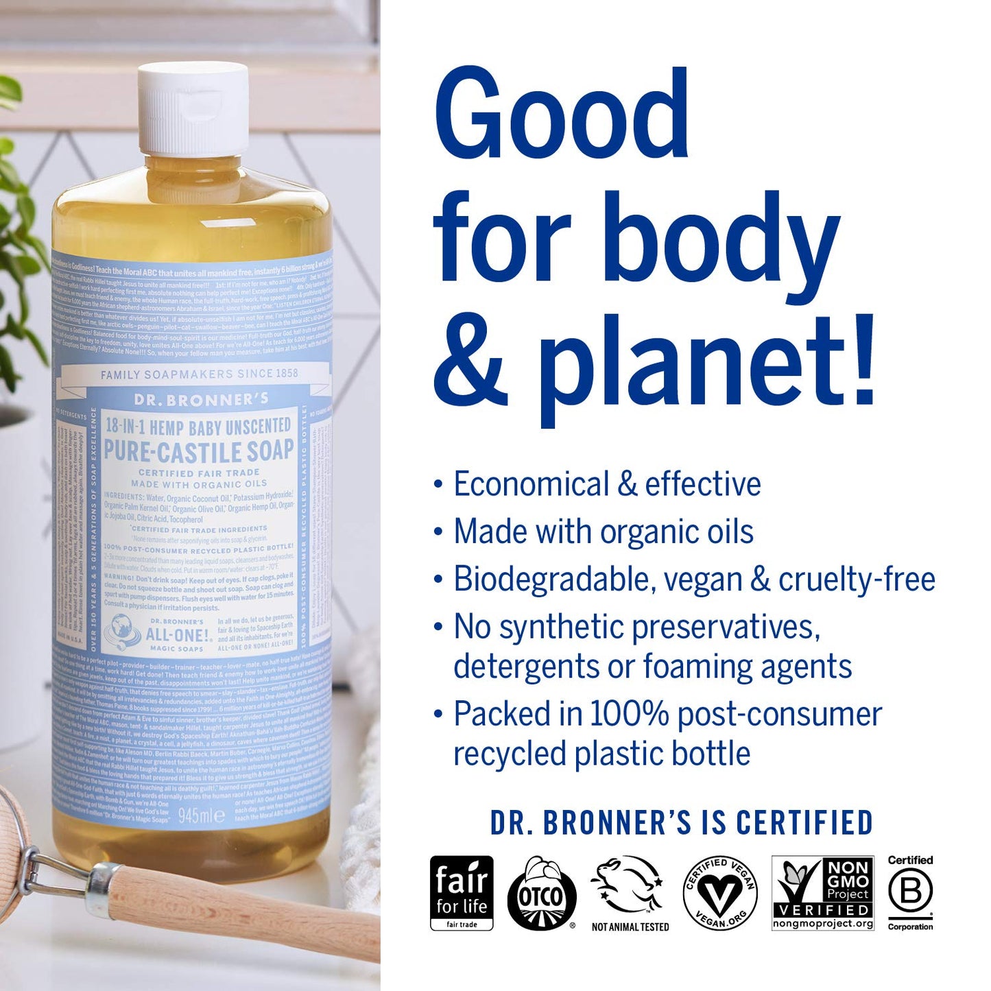Dr. Bronner's - Pure-Castile Liquid Soap (Baby Unscented, 1 Gallon, 2-Pack) - Made with Organic Oils, 18-in-1 Uses: Face, Hair,