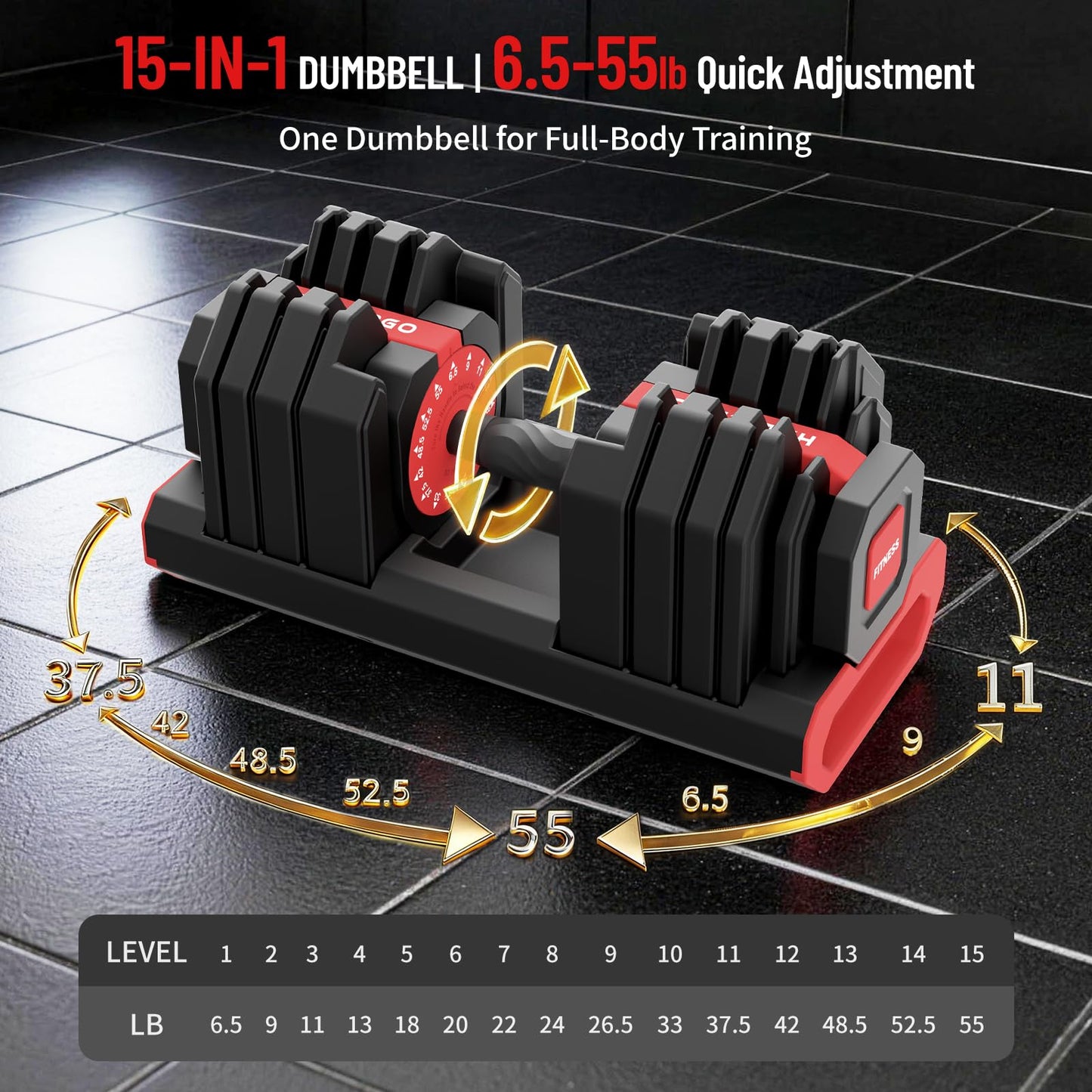 HXD-ERGO 15 IN 1 Adjustable Dumbbell Set/Single, 1-Second Quick Change Weights, 55/110 LBS Free Weights Adjustable Dumbbell with Anti-Slip Grip & Secure Lock, Space-Saving Home Gym Equipment for Men/Women Full Body Workout (Pair, 110LBS)
