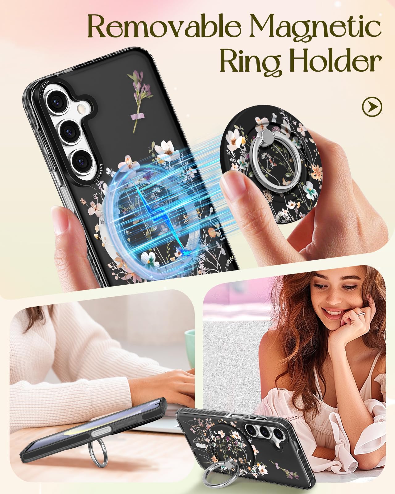 Lotadilo For Samsung Galaxy A15 5G Case For Women - Girls Cute Design Compatible With Magsafe Magnetic Ring Holder Stand Foral F