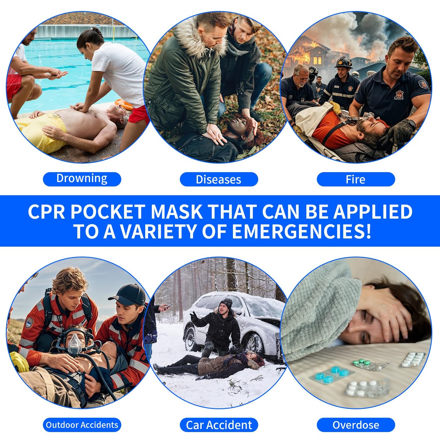 CPR Face Shield with Keyring (6 Pack), CPR Pocket Mask for Emergency Kit, First-Aid and Training with One-Way Valve by Frontline (Black)