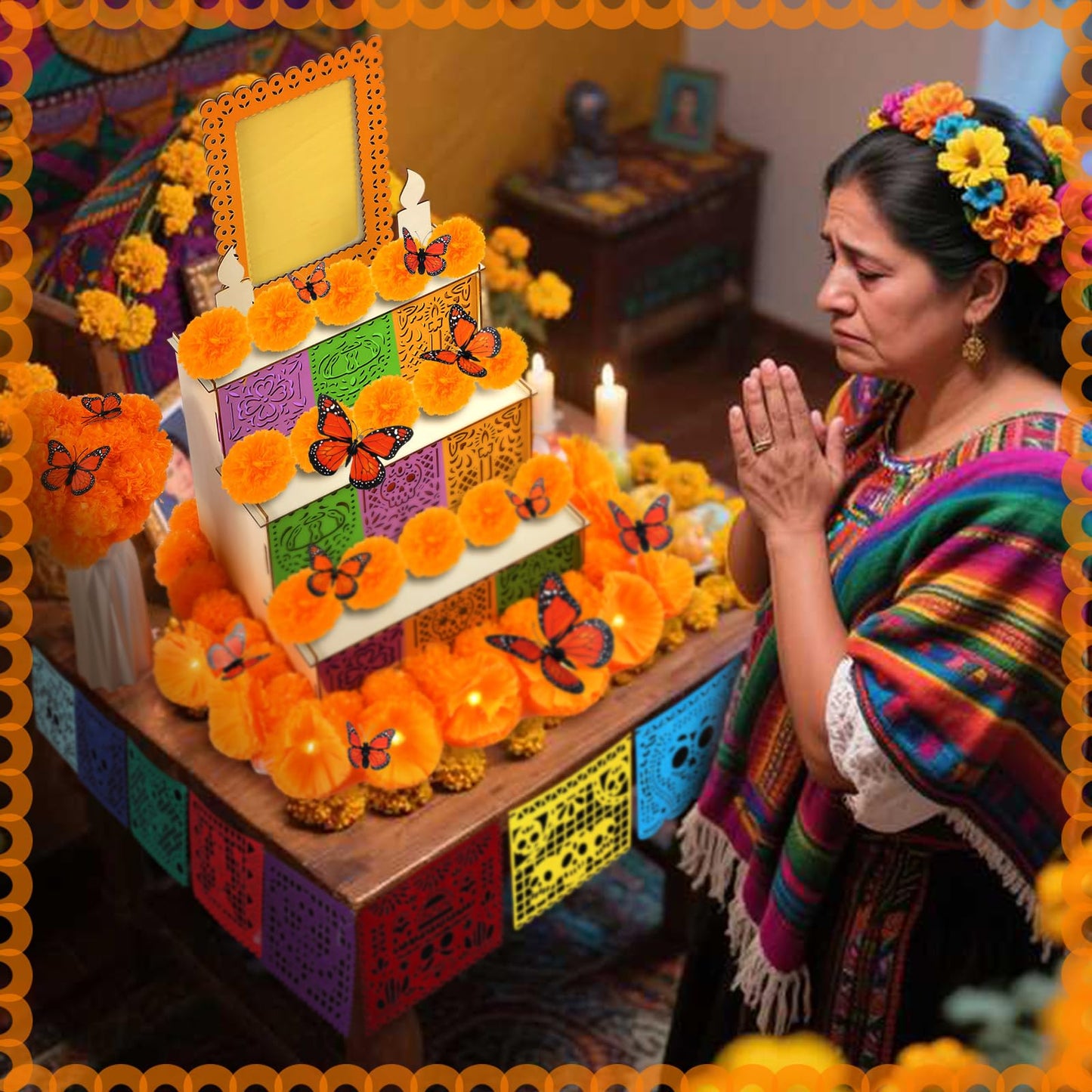 Colingmill 76 Pcs Dia De Los Muertos Decorations Set Ofrenda Altar Wooden Shadow Box Day of The Dead Banners Light up Marigold Mexican Papel Picado Butterfly Hanging Garlands for Altar Decor Supplies