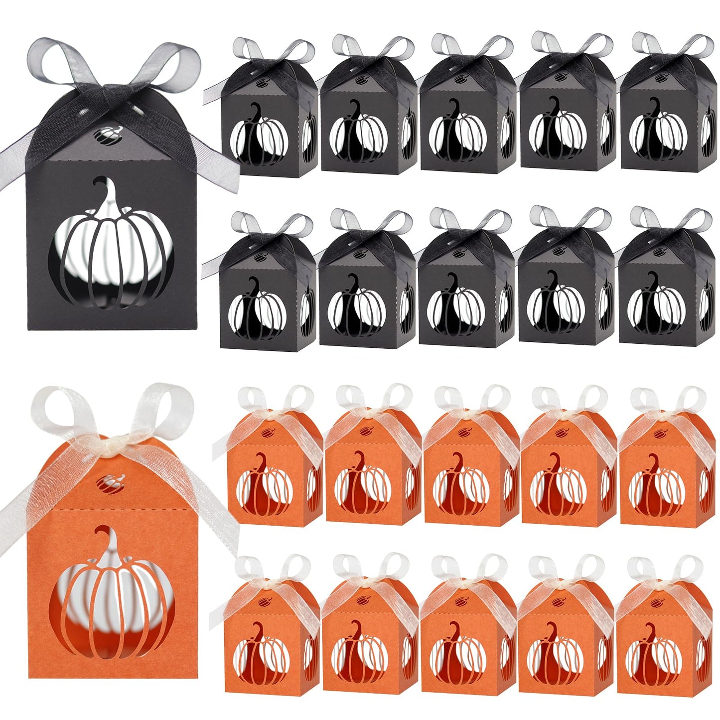 Ncozwo 20 Pcs Halloween Party Treat Boxes Pumpkin Candy Cookies Gift Box Hollowed-out Pumpkin Favor Boxes Hollow Die-Cut Cardboard Chocolate Container for Party Supplies Decorations (Black, Orange)