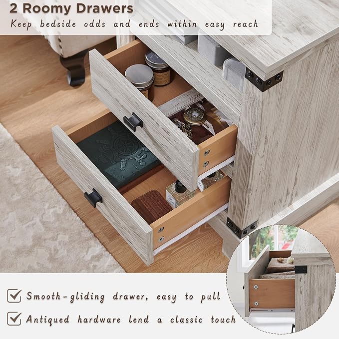RedLemon Farmhouse Nightstand with Charging Station, 18" Rustic Night Stand with 2 Storage Drawers, Wood End Table for Bedroom, Living Room, Antique Brush White