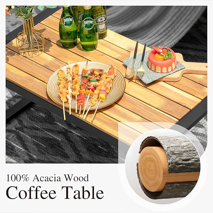 Sophia & William 4 Pieces Patio Conversation Set, Wicker Outdoor Furniture Set for 4, All Weather Outdoor Seating Set, Rattan Loveseat & Single Chairs with Cushions & Acacia Wood Coffee Table, Beige