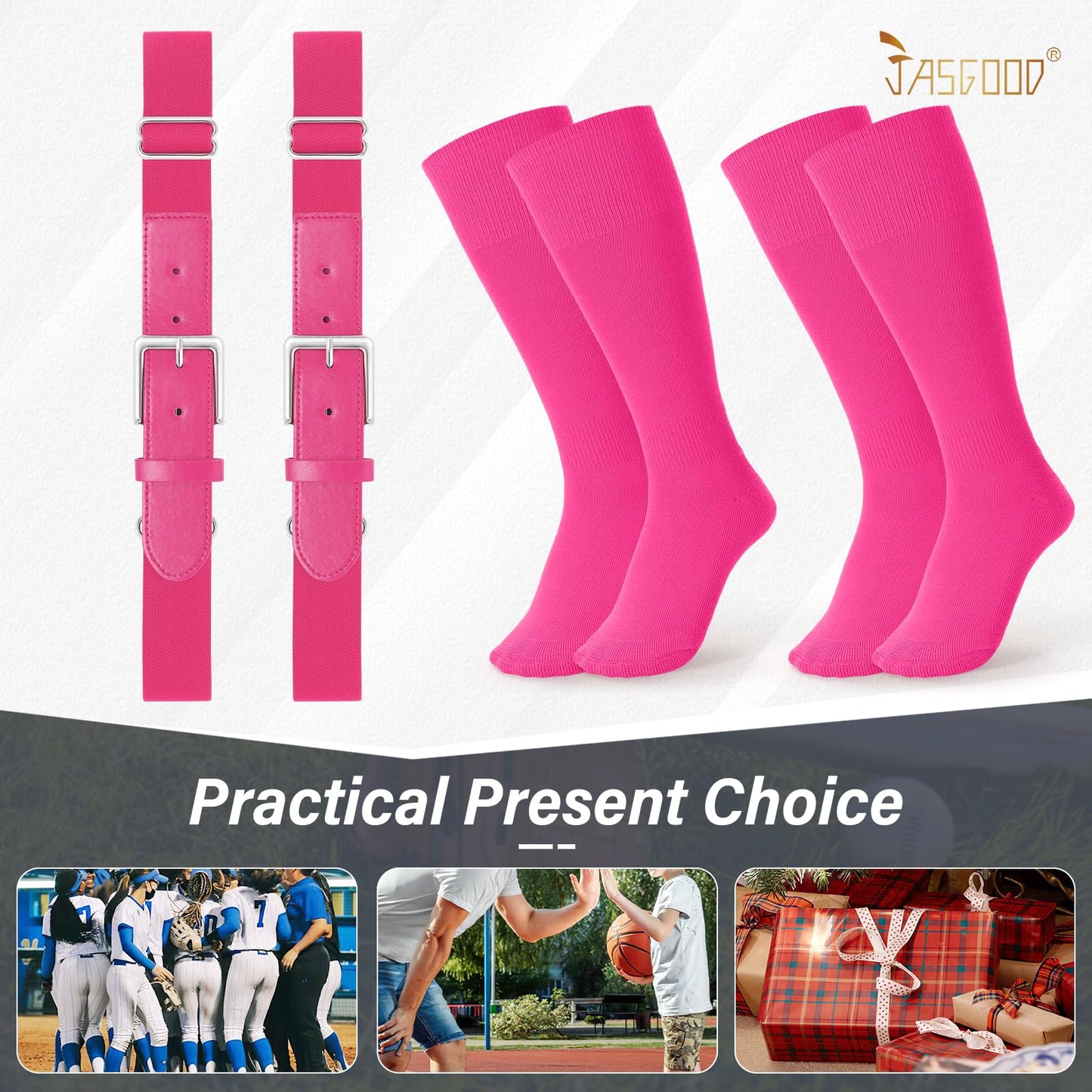 JASGOOD 2 Pack Baseball Belt and Socks Combo Set Adjustable Softball Belt and Socks Elastic Waist Belt for Youth and Adult