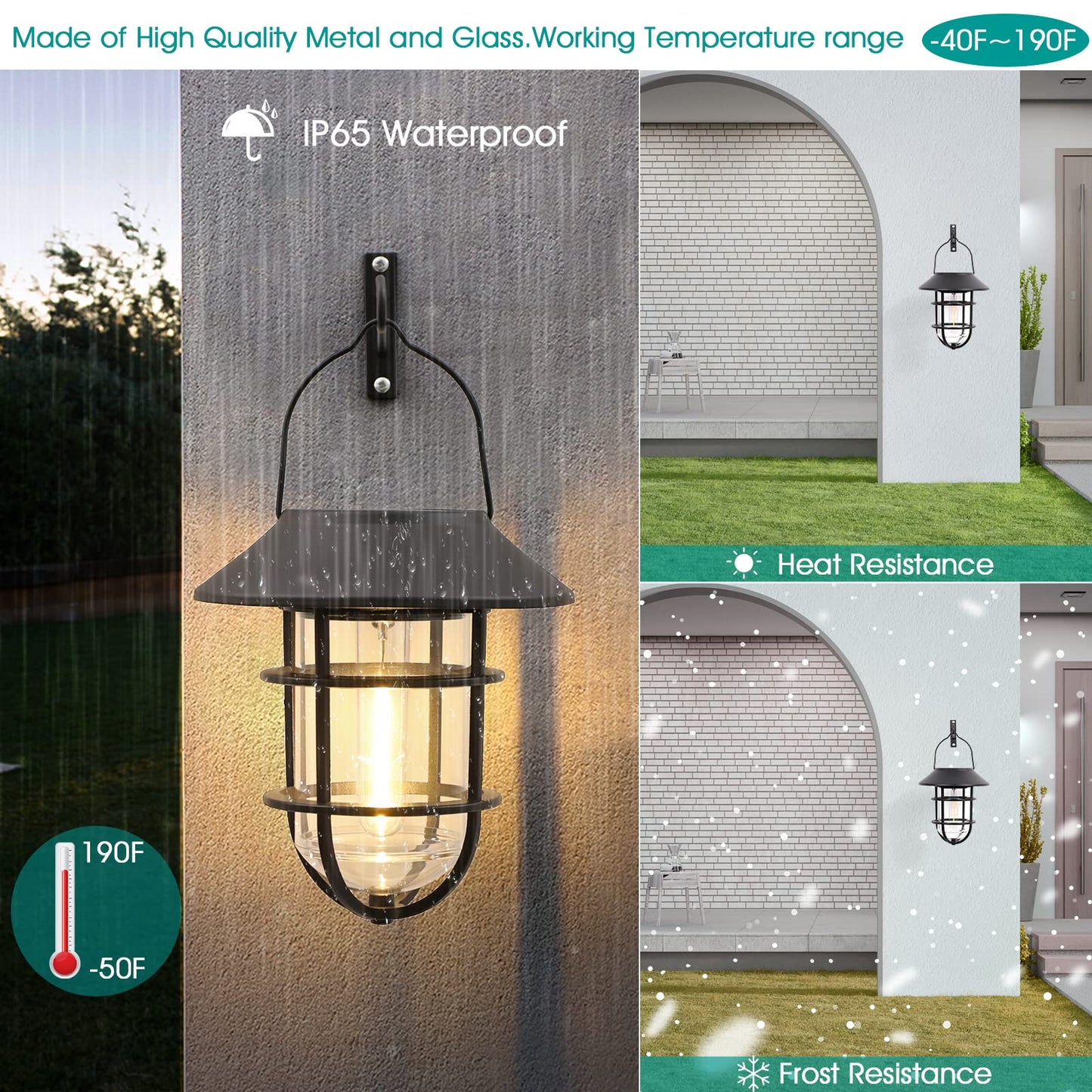 Upgrade Solar Outdoor Lights, Hanging Lantern, Waterproof Solar Lights with Wall Mount Kit for Garden Patio Porch Fence Decor 2 Pack