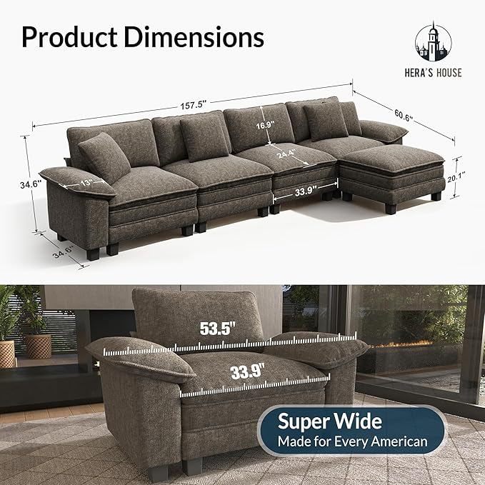 HERA'S HOUSE 158" Modular Sectional Sofa, Oversized L Shaped Couches for Living Room, Comfy Cloud Couch with Ottoman, 5-Seater Deep Seat Sofa with Throw Pillow, Chenille Ash