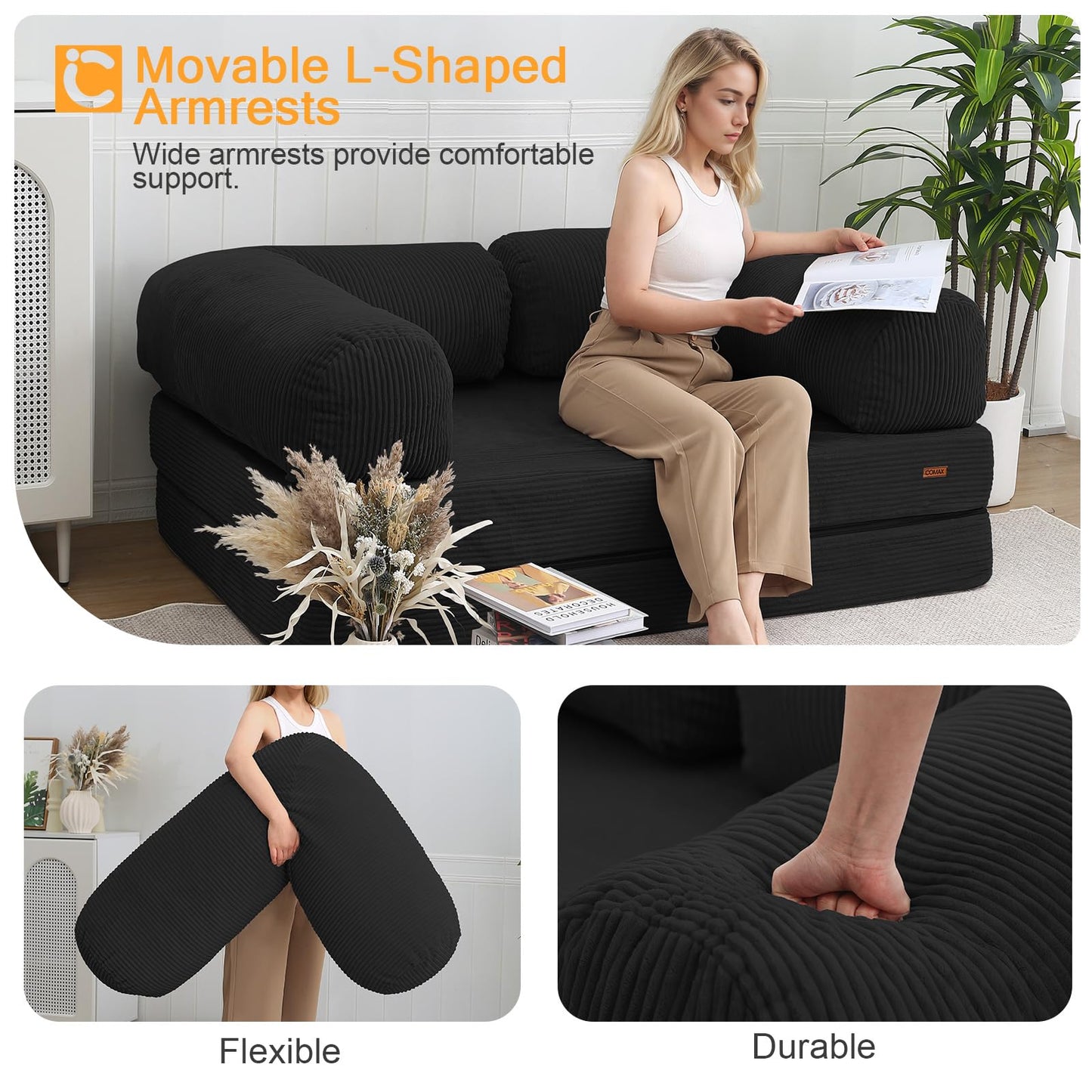 COMAX Folding Sofa Bed Queen, 4-in-1 Foldable Floor Couch Convertible Futon Sofa with Armrests Sleeper Mattress Chair Bed Comfy Portable Fold Out Lounge Guest for Living Room Bedroom, Black