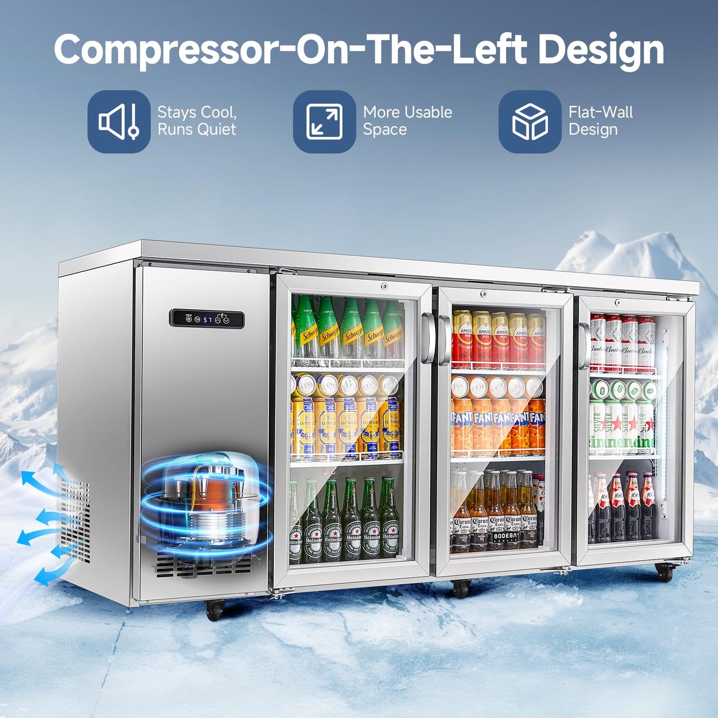 BODEGACOOLER 20.5 Cu.Ft Commercial Back Bar Refrigerator - 3 Glass Door Beverage Cooler for Beer, Soda, Wine with LED Display & SUS304 Stainless Steel Exterior