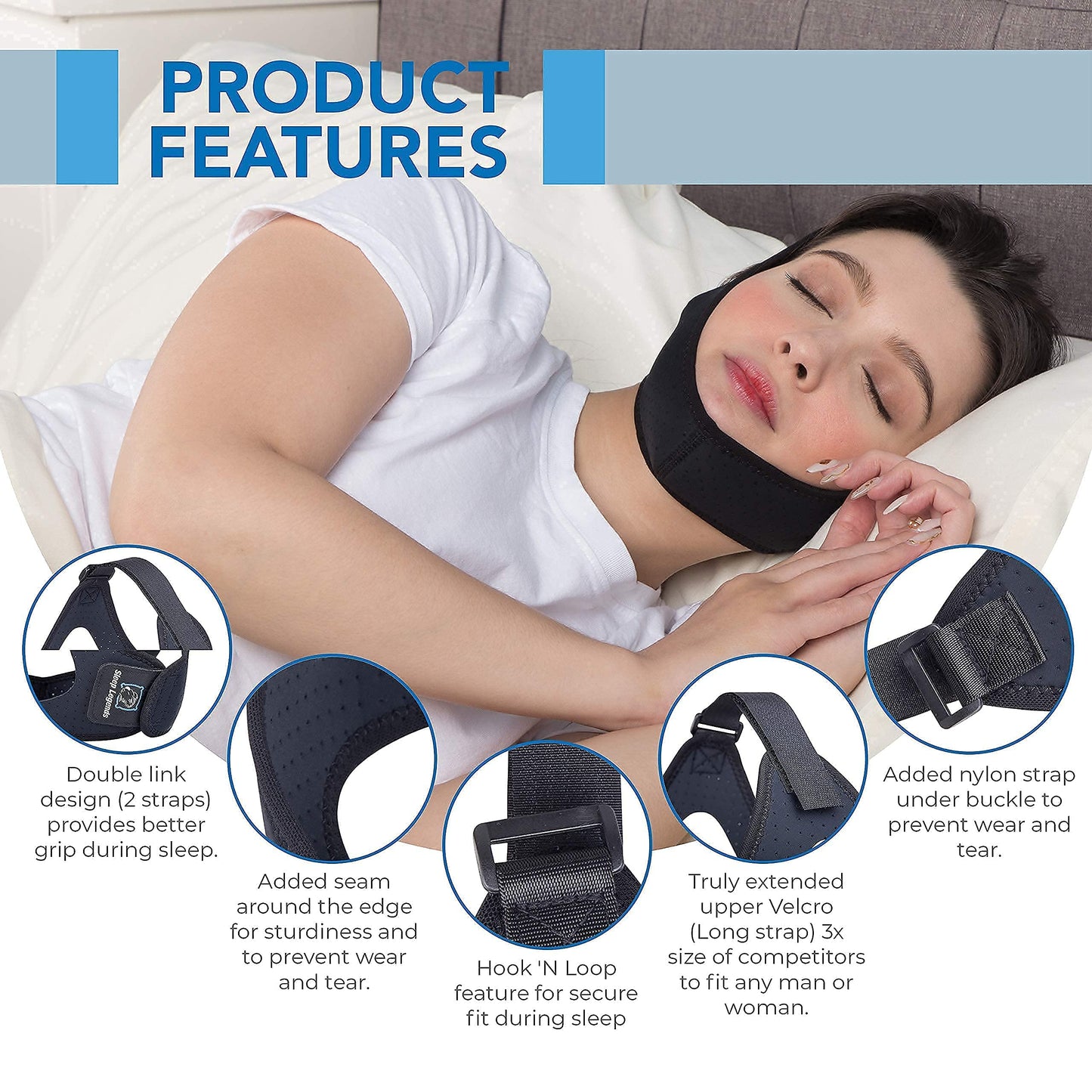 Sleep Legends Premium Anti Snoring Chin Strap for CPAP Users, & to Keep Mouth Shut & Dry! - Snore Reduction Chinstrap for Men & Women with New Adjustable Hook ‘N Loop Strap